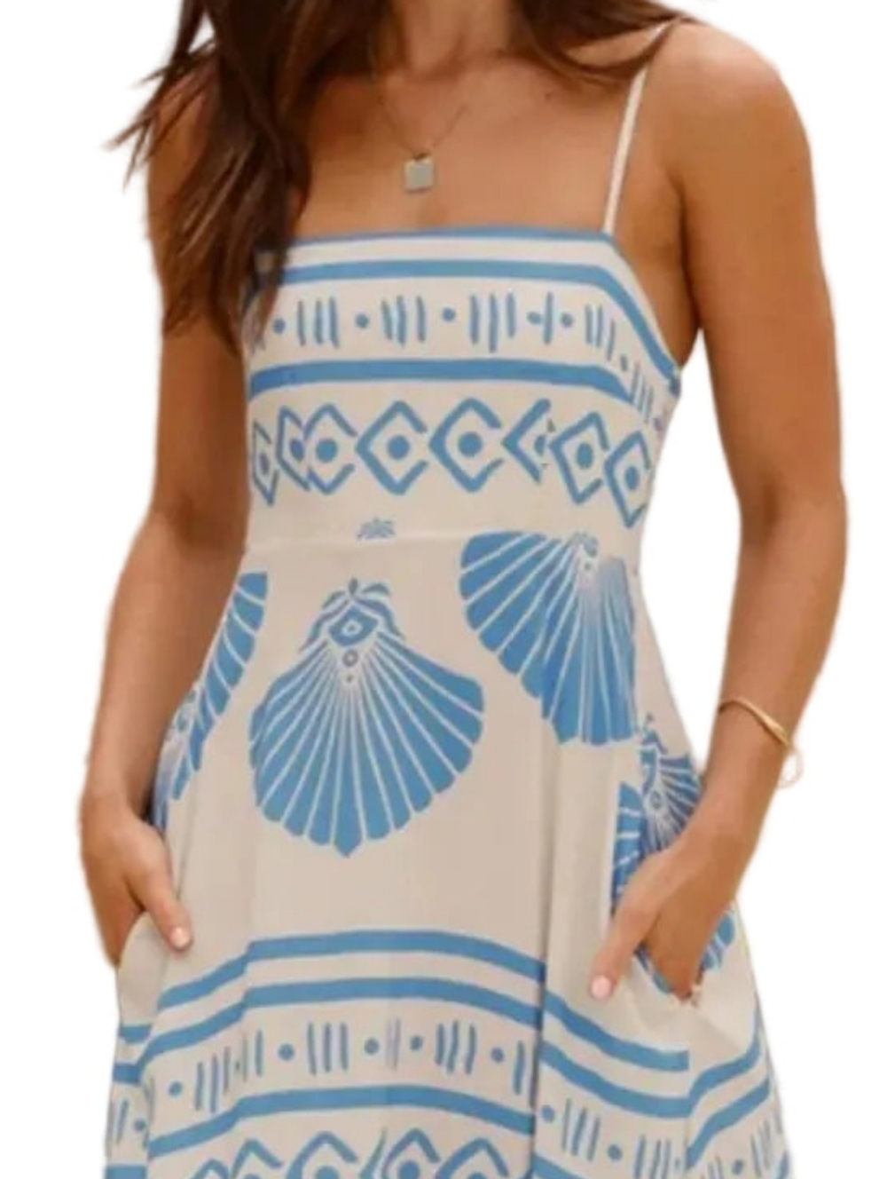 Coastal Seashell Side Pocket Sleeveless Smocked Back Island Beachy Maxi Dress - Picture 7 of 13